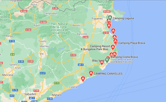 Campings que podréis encontrar a lo largo del litoral de la costa Brava.