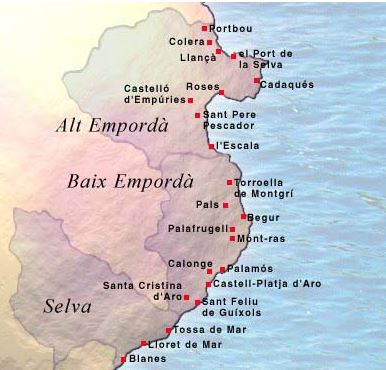 Mapa de la Costa Brava . Desde Blanes hasta PortBou